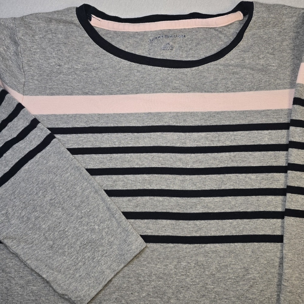Tommy Hilfiger Women‎ Large Gray Pink Striped Sweater Top Knit Preppy Y2K Style